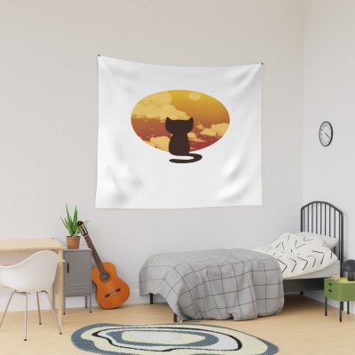Cat Watching Sunset Tapestry